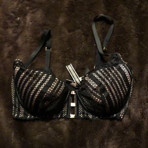 Black and pink fishnet / striped structured bra